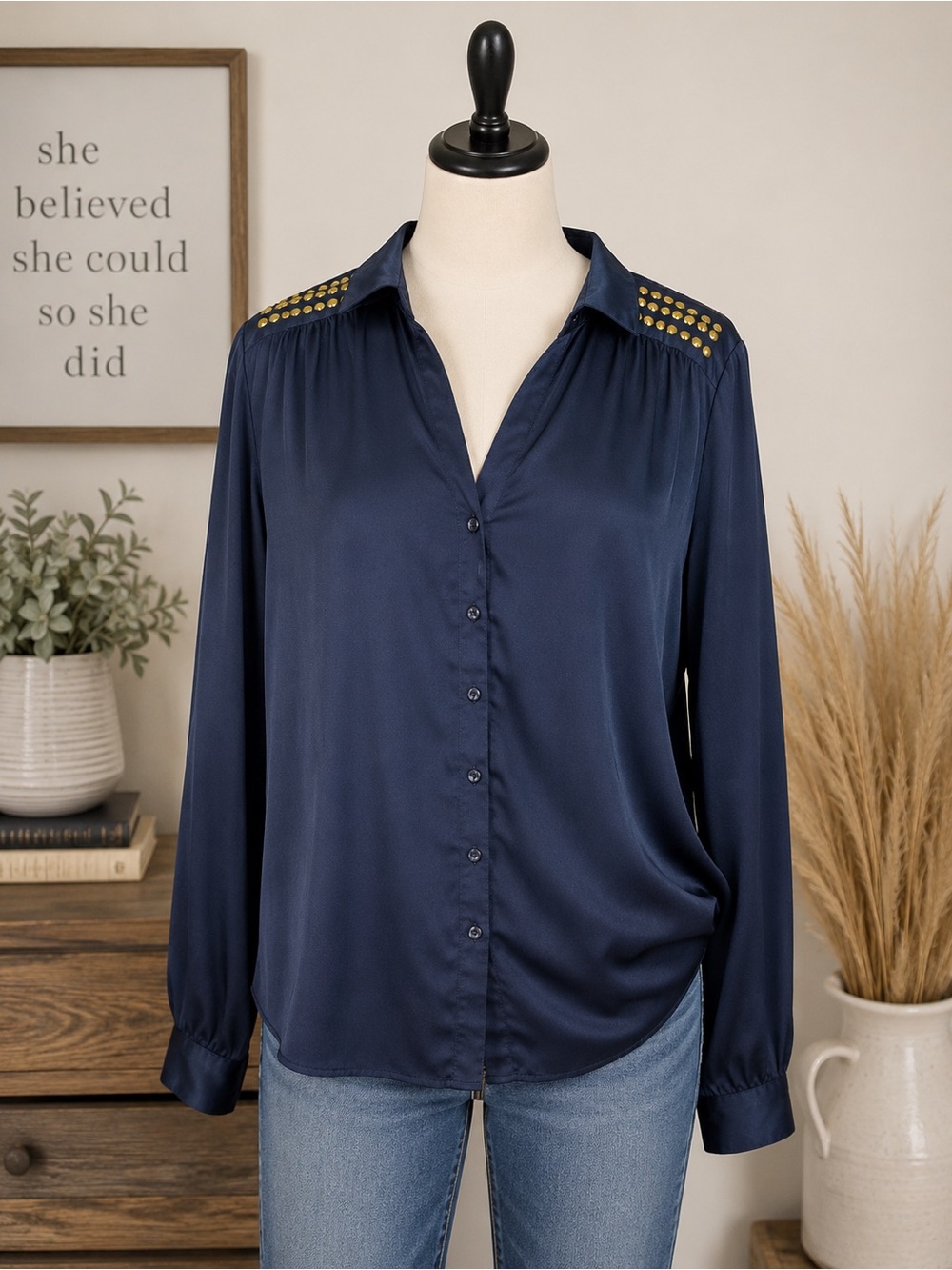 Outback Red Navy Gold Stud Shoulder Blouse Medium Silky Button Front Top